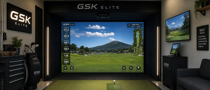 Komplettes Golf-Simulator-Setup für zu Hause mit Launch Monitor, Golfbay und Schlagmatte