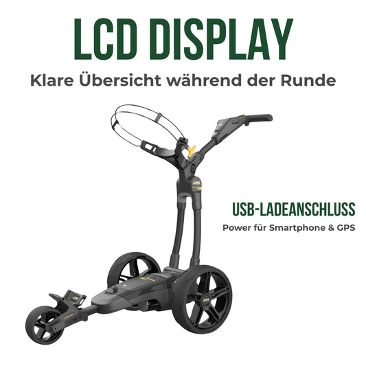 Moderner schwarzer Golf Trolley mit drei großen Rädern, ideal als Zubehör für Golfer