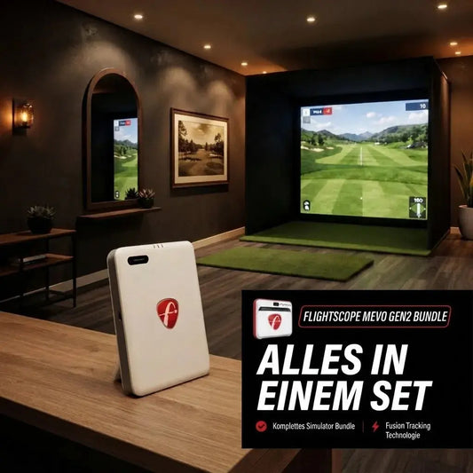 Golfbox x Flightscope Mevo Gen2 Bundle in indoor Simulator-Umgebung mit Bildschirm und Tracking-Technologie.