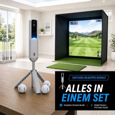 Golfbox x Rapsodo MLM2Pro Bundle mit Simulator, Bild zeigt Gerät und Bildschirm auf einem Tisch.