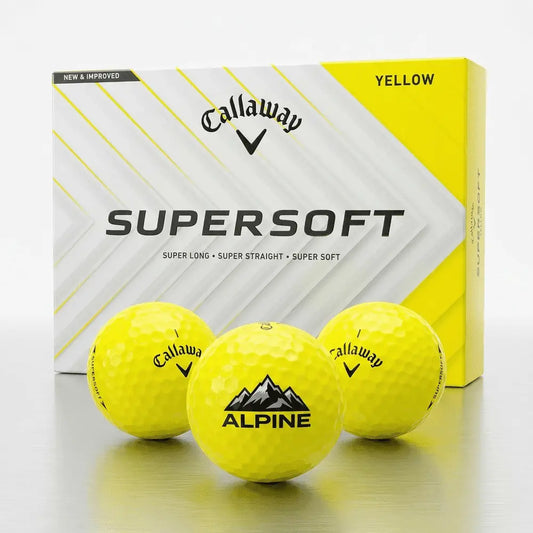 Gelbe Callaway Supersoft Golfbälle mit Logo vor passender Verpackung, Golfball Set