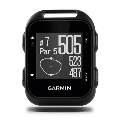 Schwarzes Golf GPS-Gerät mit Display, zeigt Lochinformationen und Distanzen an