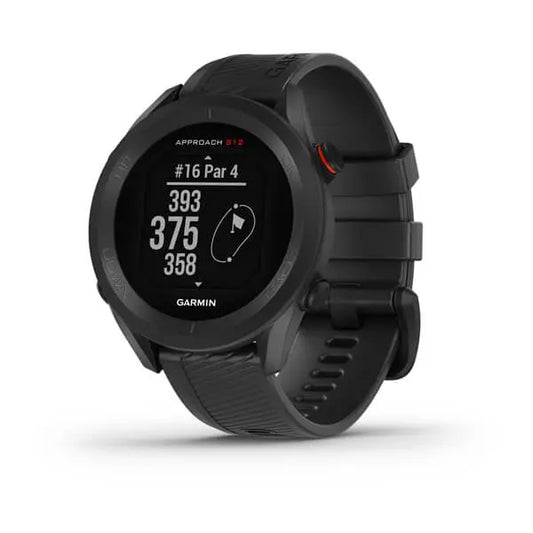 Schwarze Golf GPS-Uhr mit Distanzanzeige und Loch-Informationen auf dem Display.