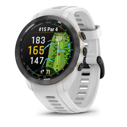 Weiße GPS Golfuhr mit Farbdisplay, zeigt Golfplatzkarte und Entfernungsangaben.