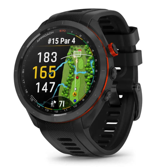 Golf Smartwatch mit schwarzem Gehäuse, Farbbildschirm und Golfplatz-Navigation