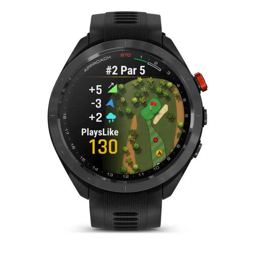 Schwarze Golf GPS-Uhr mit farbigem Golfplatz-Display und Score-Informationen
