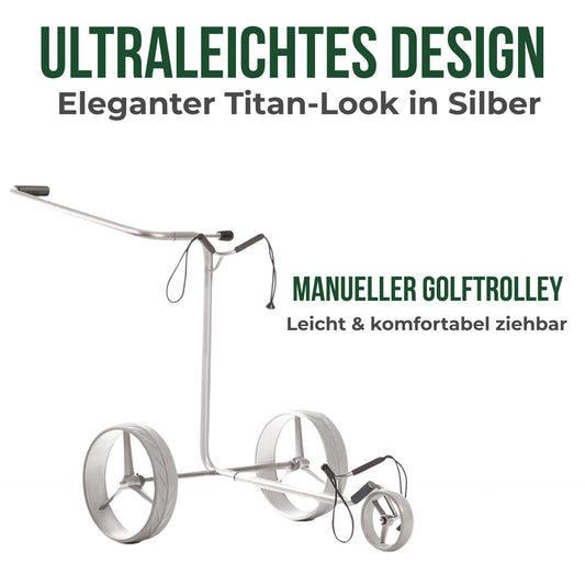 Silberner Golf Trolley mit drei großen Rädern, minimalistisch auf weißem Hintergrund
