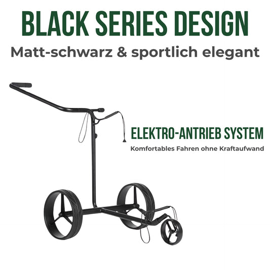 Schwarzer Golf Trolley mit drei Rädern und schlichtem Design auf weißem Hintergrund