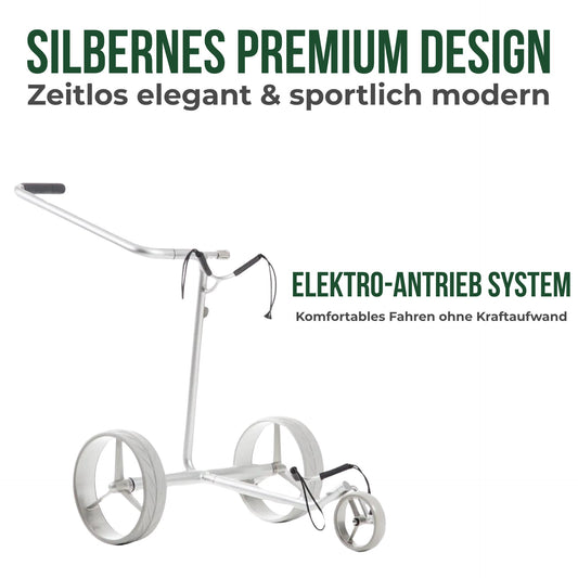 Moderner silberner 3-Rad-Golftrolley aus Aluminium, minimalistisch, auf weißem Hintergrund
