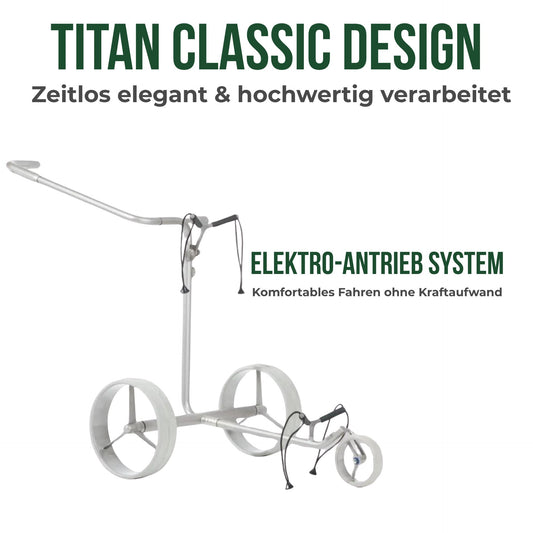 Elektrischer Golf Trolley aus Aluminium mit drei großen Rädern auf weißem Hintergrund