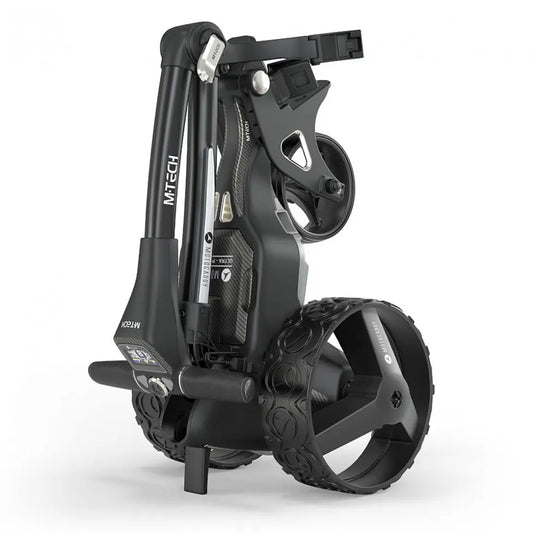 Zusammengeklappter E-Golf-Trolley in Schwarz mit großen Profilrädern