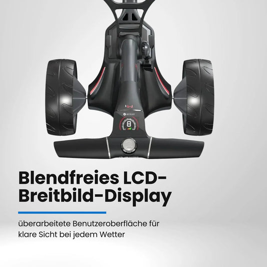Elektrischer Golf Trolley mit Display und zwei großen Rädern, von oben fotografiert