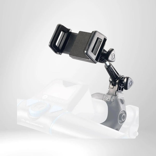 Schwarze Handyhalterung für Golf E-Trolley, verstellbar, auf weißem Hintergrund