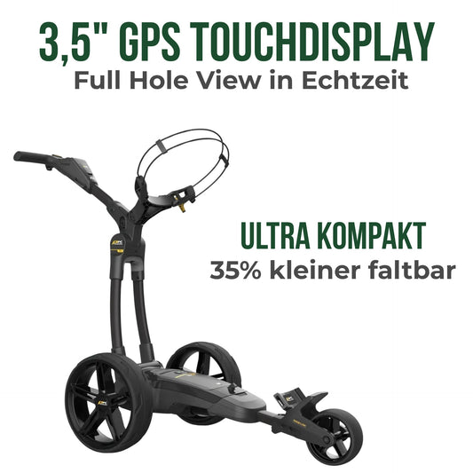 Moderner elektrischer Golf Trolley in Gun Metal mit robusten drei Rädern auf weißem Hintergrund