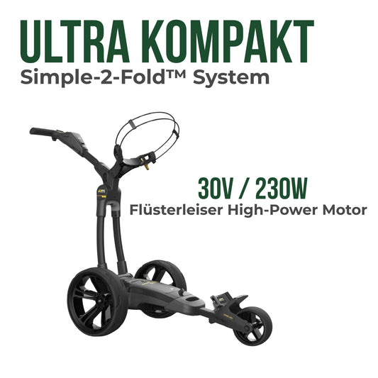 Schwarzer Golf E-Trolley mit drei Rädern und modernem Design auf weißem Hintergrund