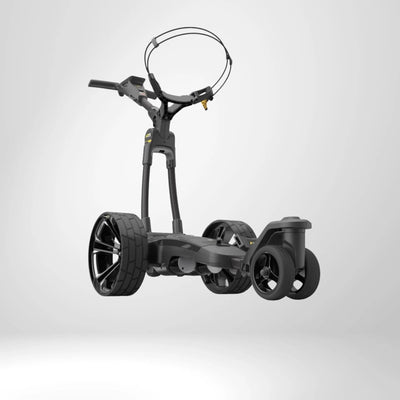 Moderný elektrický golfový Trolley v čiernej farbe s držiakom na GPS, veľké robustné kolesá