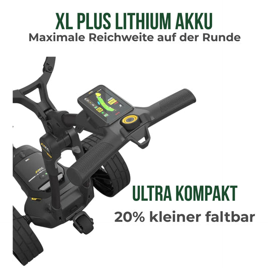 Elektrischer Golf Trolley mit GPS Display und Robustem Lenker auf weißem Hintergrund
