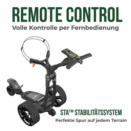 Elektrischer Golf Trolley mit GPS, schwarz, moderne Räder und Smartphone-Halterung