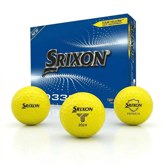 Drei gelbe Srixon AD333 Golfbälle mit Logo vor blauer Verpackung, Nahaufnahme.