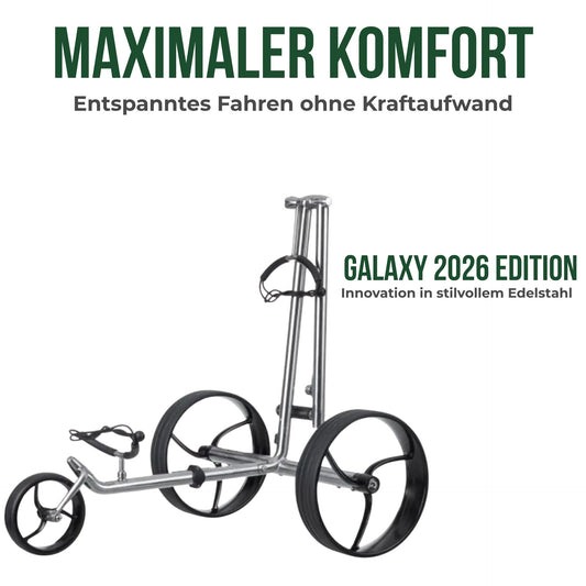 Moderner Edelstahl Golf E-Trolley mit drei großen Rädern und verstellbarer Halterung
