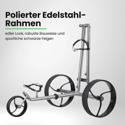 Moderner Edelstahl Golf E-Trolley mit drei großen Rädern und verstellbarer Halterung