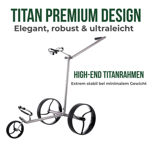 Moderner Golf E-Trolley aus Titan mit drei großen schwarzen Rädern auf weißem Hintergrund