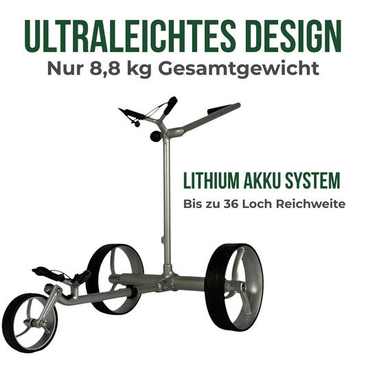 Moderner Elektro-Golf Trolley aus Aluminium mit drei großen Rädern, freigestellt