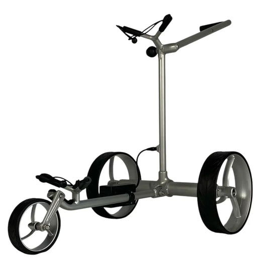 Moderner Elektro-Golf Trolley mit drei großen Rädern und Aluminiumrahmen, freigestellt