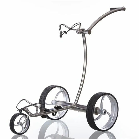 Moderner E-Trolley für Golf, silbernes Gestell, drei große Räder, freistehend