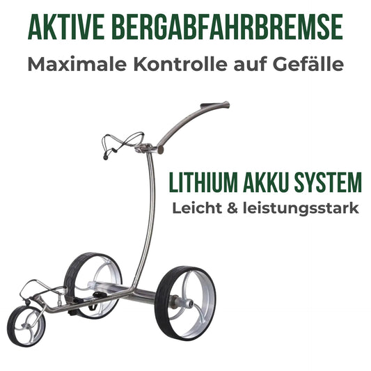 Moderner E-Trolley für Golf, silbernes Gestell, drei große Räder, freistehend