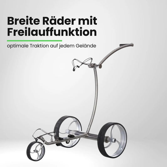 Moderner E-Trolley für Golf, silbernes Gestell, drei große Räder, freistehend