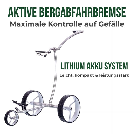 Moderner Golf E-Trolley aus Metall mit drei großen Rädern auf weißem Hintergrund