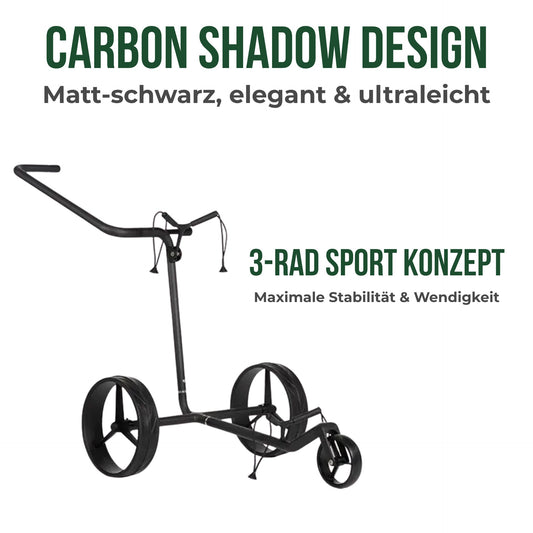Schwarzer Golf Trolley aus Carbon mit drei Rädern auf weißem Hintergrund