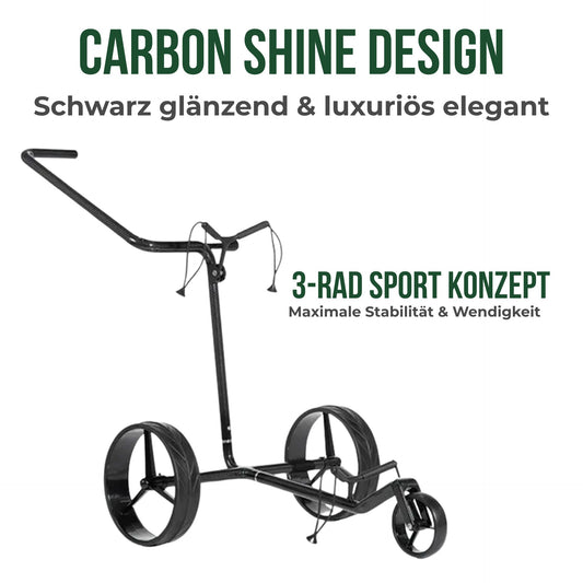 Schwarzer Golf Trolley aus Carbon mit drei Rädern, modernem Design, freigestellt auf Weiß