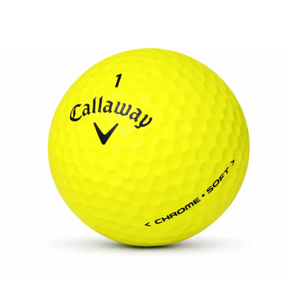 Callaway Chrome Soft Yellow Lakeballs – 25 gebrauchte gelbe Golfbälle freigestellt auf weißem Hintergrund