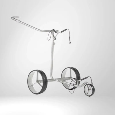 Moderner silberner Elektro Golf Trolley mit drei Rädern, Zubehörkabel sichtbar