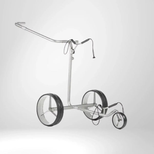 Moderner silberner Elektro Golf Trolley mit drei Rädern, Zubehörkabel sichtbar
