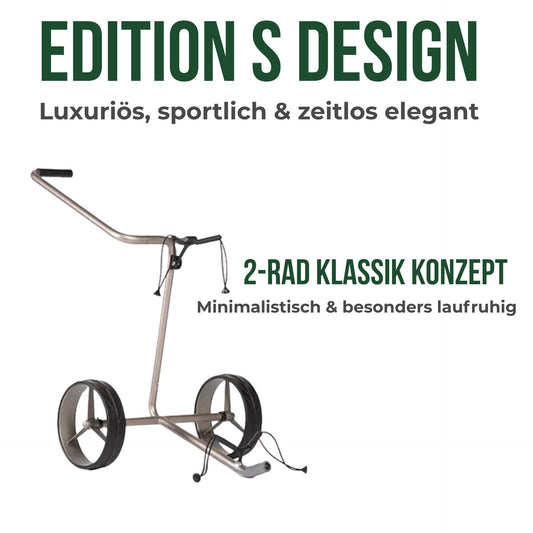 Moderner Golf Trolley mit zwei großen Rädern, minimalistischem Design auf weißem Hintergrund