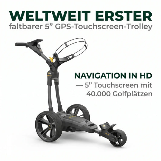 PowaKaddy CT12 — Weltweit erster faltbarer 5 Zoll GPS-Touchscreen-Trolley mit Navigation in HD und 40.000 Golfplätzen