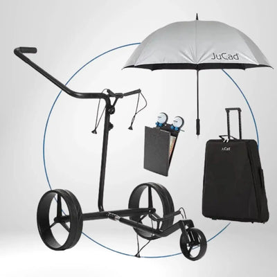 Golf E-Trolley Set aus Carbon mit Regenschirm, Scorecard-Halter und Transporttasche