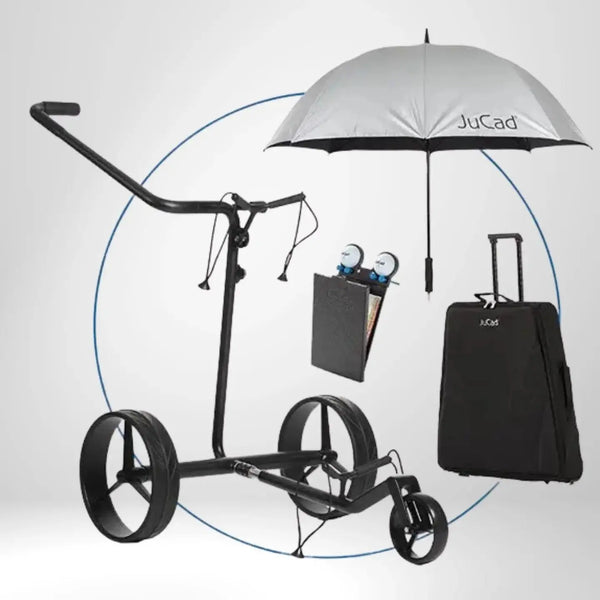 Golf E-Trolley Set aus Carbon mit Regenschirm, Scorecard-Halter und Transporttasche