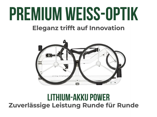 Zusammengeklappter weißer Golf Trolley aus Carbon von oben, leichte Transportlösung