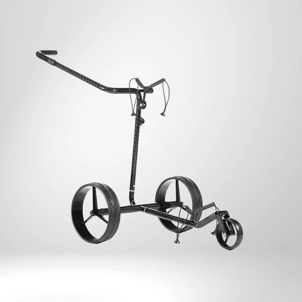 JUCAD CARBON Golftrolley – Leichter schwarzer Carbon-Golftrolley, Gesamtansicht freigestellt