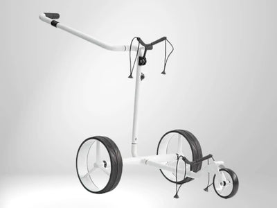 Weißer Golf Trolley aus Carbon mit drei Rädern, ideal für den Transport von Golfbags.