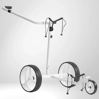 Weißer Golf Trolley aus Carbon mit drei Rädern, ideal für den Transport von Golfbags.