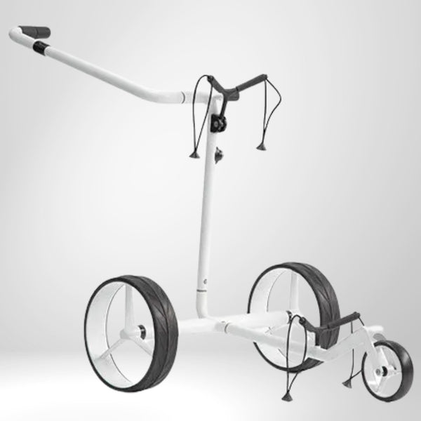 Weißer Golf Trolley aus Carbon mit drei Rädern, ideal für den Transport von Golfbags.