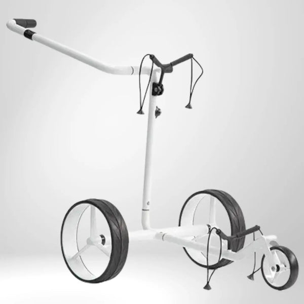 Weißer Golf Trolley aus Carbon mit drei Rädern, ideal für den Transport von Golfbags.