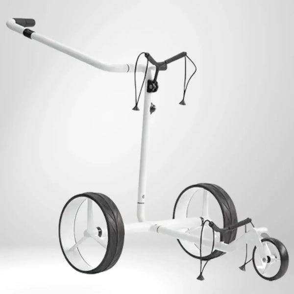 Weißer Golf Trolley aus Carbon mit drei Rädern, ideal für den Transport von Golfbags.