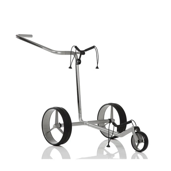 Moderner Golf Trolley aus Carbon mit drei Rädern in Schwarz und Silber auf weißem Hintergrund