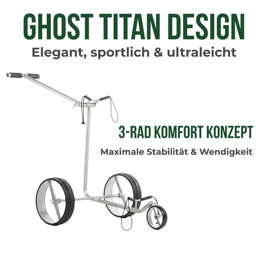 Moderner Golf Trolley aus Titan mit drei Rädern und German Design Award 2020 Logo